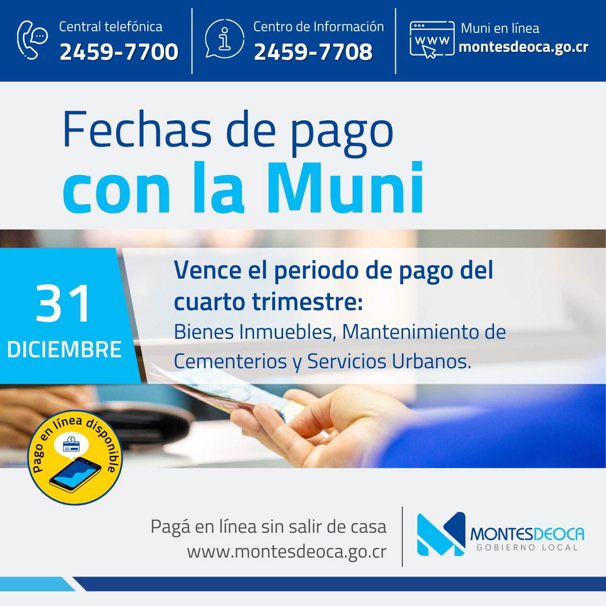 #Recordatorio El 31 de diciembre vence el periodo de pago del cuarto trimestre para bienes inmuebles, servicios urbanos, mantenimiento de cementerio y patentes. 👉Para consultar pendientes y pagos en línea montesdeoca.go.cr/pagos/EstadoDe…