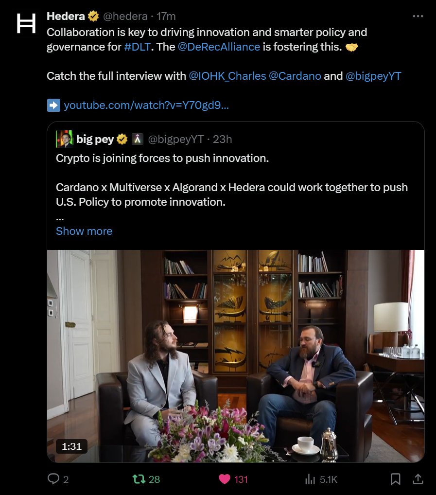 bigpey's tweet photo. Yesterday the MultiversX community showed up in masses to my interview with Charles Hoskinson. 

Today, Hedera is posting about our interview, tomorrow will be the Algorand community.

We're stronger together. Let's build a better future with regulations that add fuel to our fire https://t.co/MMksITmmZK