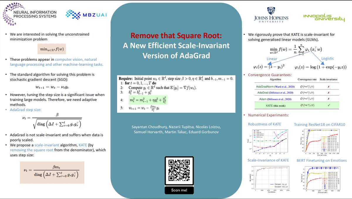 (1/4) Excited to share our NeurIPS 2024 paper: Remove that Square Root: A New Efficient Scale-Invariant Version of AdaGrad 🚀
🤝work with <a href="/dr_nazya/">Nazarii Tupitsa</a> <a href="/NicLoizou/">Nicolas Loizou</a> <a href="/sam_hrvth/">Samuel Horváth</a> <a href="/TakacMartin/">Martin Takac</a> <a href="/ed_gorbunov/">Eduard Gorbunov</a>
📍Poster: West Ballroom A-D #6103
📅 Wed 11 Dec 11 a.m.- 2 p.m. PST