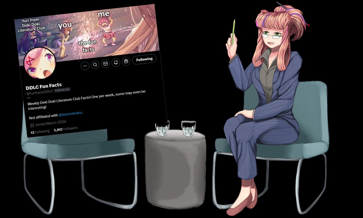 Storyteller_x3's tweet image. Welcome to the last week of interviews my friends! Let’s kick it off with one from a fascinating member of the DDLC community. Always inquisitive, this person is great at uncovering facts about the game we all know and love. Please welcome @FunFactsDDLC !