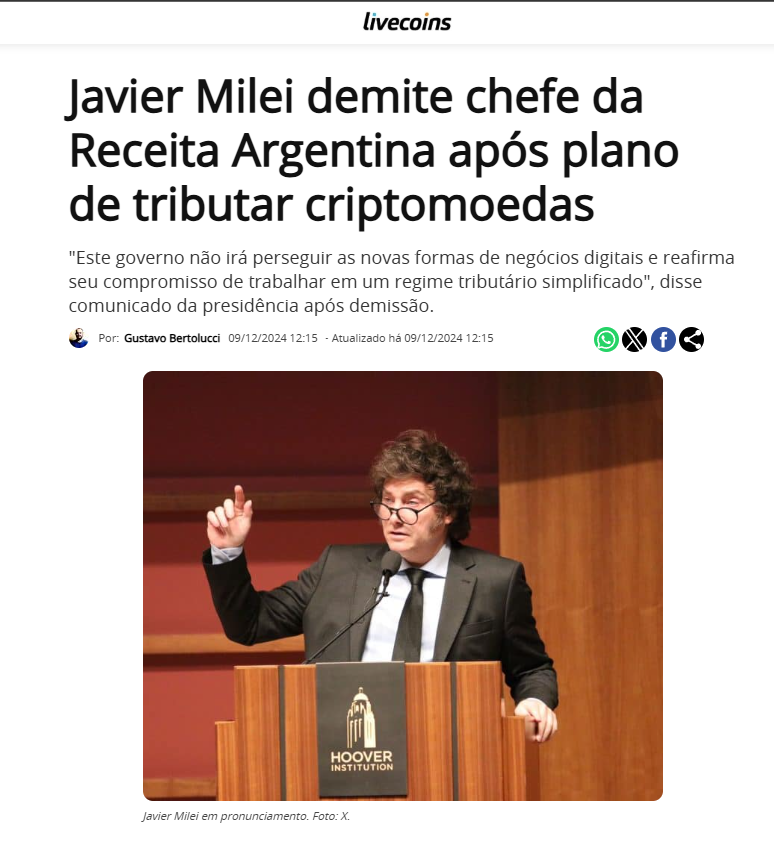 livecoinsBR's tweet photo. O presidente da Argentina, @JMilei, anunciou a demissão da chefe da Receita Federal do país, após ela manter planos de tributação de criptomoedas, streamers e de influencers digitais.

🚨Corte rápido. https://t.co/miadUi8AWU