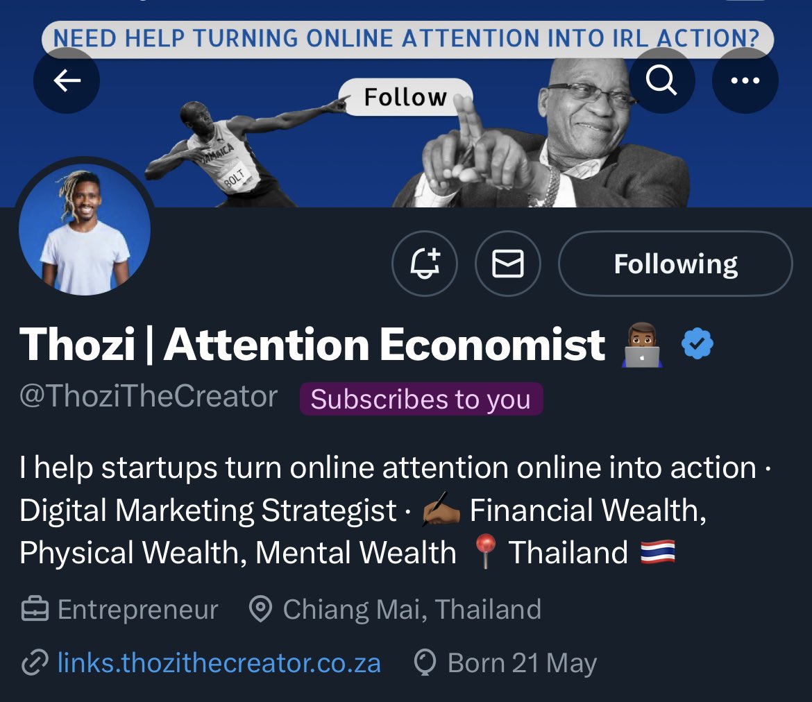 Win R200 by 

🟣 Following <a href="/ThoziTheCreator/">Thozi | Attention Economist 👨🏾‍💻</a> 
🟠 Retweeting this post
———-

He shows you how to turn online attention into action. 

He also supports South Africans by subscribing to my X. In fact, his first two months of membership is the prize money.