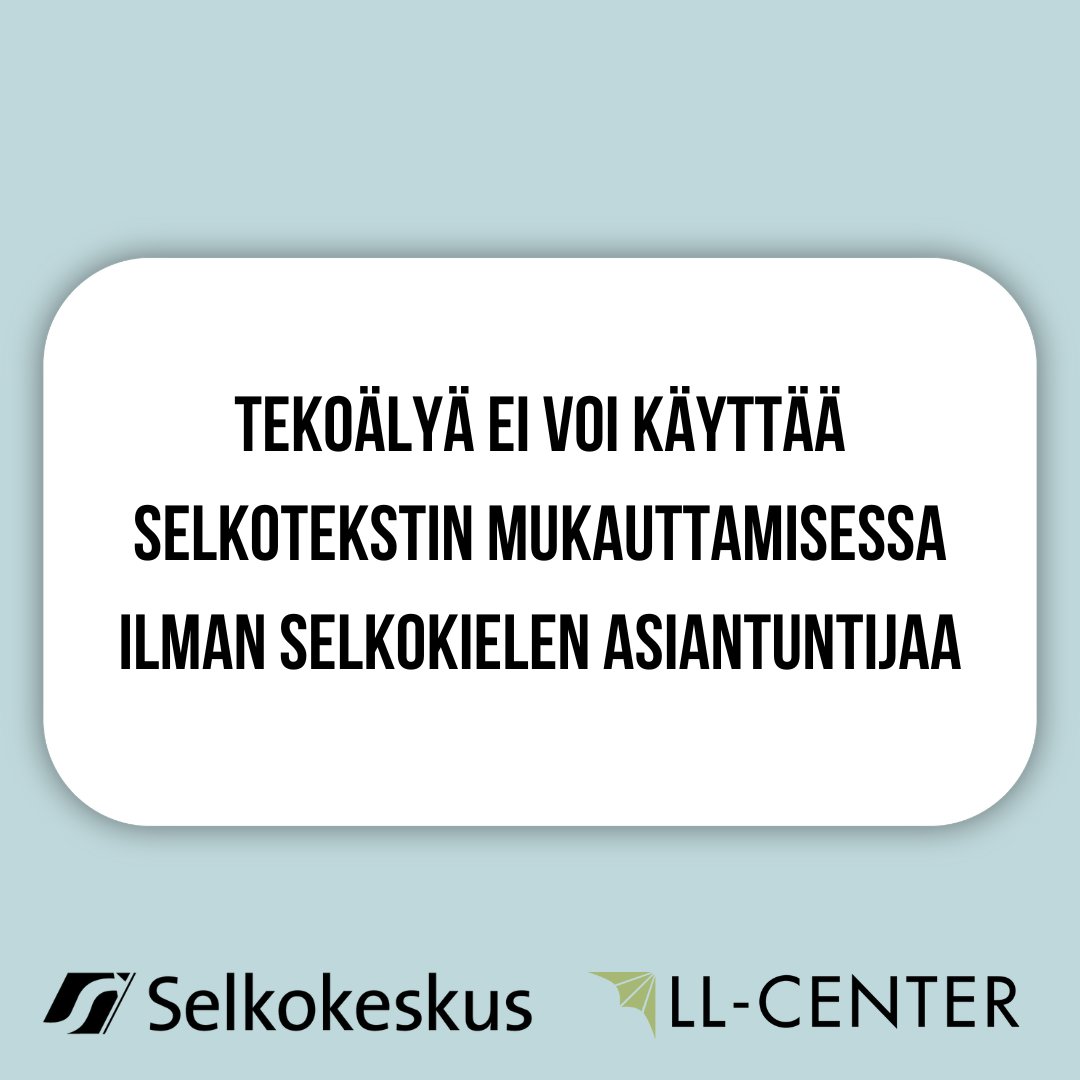 Tekoälyn ja selkokielen asiantuntijat ovat tänä vuonna testanneet tekoälyä selkomukauttamisessa. Testien perusteella tekoäly ei vielä sovellu tekstin mukauttamiseen selkokielelle. Lue Selkokeskuksen ja LL-Centerin kannanotto: selkokeskus.fi/tietoa-meista/…
#selkokieli #tekoäly