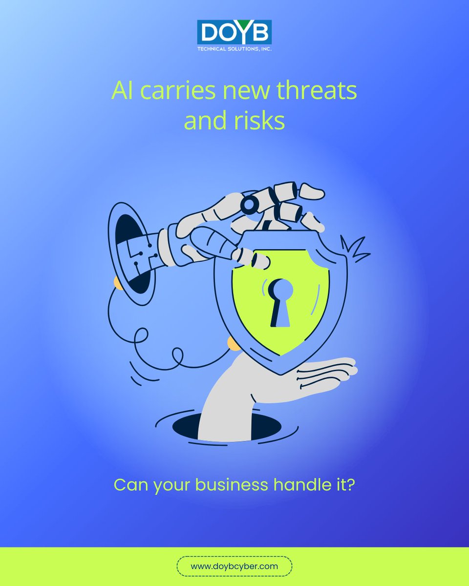 DOYBTech's tweet photo. AI is revolutionizing the way businesses operate, driving efficiency, innovation, and growth. But with great opportunity comes great responsibility...

As AI technologies evolve, they bring with them new risks—ranging from data breaches and compliance challenges to unexpected vulnerabilities in your systems.

These risks can threaten not just your operations, but also your reputation and bottom line. At DOYB Technical Solutions, we understand the complexities AI introduces and are here to help you navigate them.

Our expert-driven strategies focus on mitigating AI-related risks, ensuring your business remains secure while embracing innovation.

Don’t let the risks of AI overshadow its potential—stay prepared, stay protected, and let us guide you through this transformative journey.

Learn how we can support your AI integration at https://t.co/PrAwk4XNfS. 🚨

#AI #RiskManagement #CyberSecurity