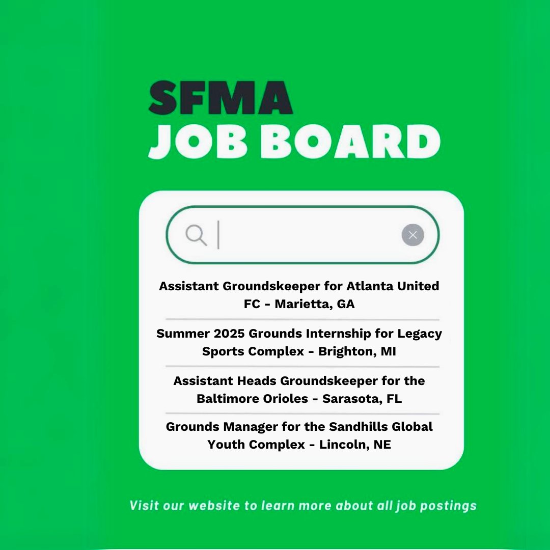 Looking to level up your career in sports field management? Check out these awesome opportunities on the SFMA Job Board: shorturl.at/PrUUi! Huge thanks to @hunterindustries for sponsoring the board and supporting the growth of our industry! #SFMA #sportsfieldmanagement
