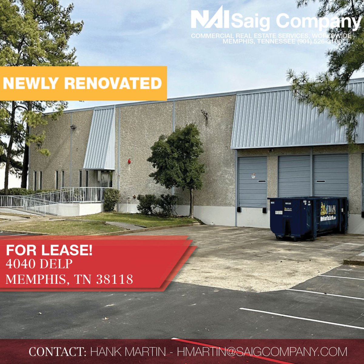 NAISaig's tweet photo. For Lease: 4040 Delp!
• 24,000 SF total
• Partially air-conditioned
• Front park, front load
• 20' clear height
• New exterior paint
• Renovated office with new paint and LVT
• Easy access to US HWY 78
Contact Hank Martin for more details! https://t.co/jDBxMjFdXr