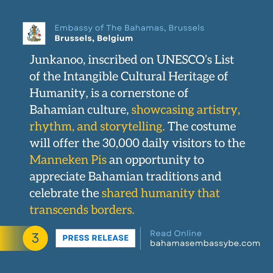 bahembassybe's tweet photo. The Bahamas Presents Gift to Mannekin Pis to celebrate 51 Years of Diplomatic Ties with Belgium

Read full article (link in bio): https://t.co/djyAdvk0ZK

#TheBahamas #Junkanoo #MannekenPis #CulturalDiplomacy #BahamasBelgiumRelations #UNESCOHeritage #JunkanooTradition https://t.co/Kp42stUH4L