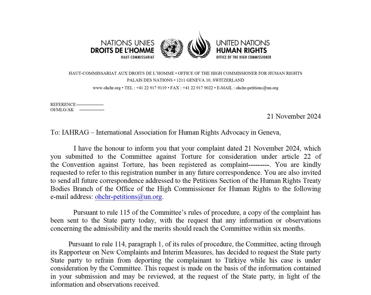 iahrageneva's tweet photo. 🚨Breaking #UN #CommitteeAgainstTorture halts deportation of a Hizmet Movement sympathizer to Türkiye! (Turkish below👇)
- The United Nations Committee Against Torture (CAT) has once again intervened to prevent the deportation of an alleged sympathizer of the Hizmet Movement to Türkiye, where he would likely face imprisonment, torture, and ill-treatment.
- The individual, who sought asylum in Germany, had been detained and was under the imminent threat of deportation to Türkiye. In response to a communication filed by IAHRAG, the CAT registered the case and issued interim measures under Rule 114 of its rules of procedure. These measures specifically requested that Germany “refrain from deporting the applicant to Türkiye while his case is under consideration by the Committee.”
- The deportation decision has now been halted, and the applicant has been released from detention, marking a significant reprieve while his case remains under the Committee’s review. This decision underscores the critical role of UN human rights mechanisms in protecting individuals at risk of severe violations of their fundamental rights.

📌IAHRAG's efforts in bringing this case to the CAT exemplify the strategic use of international human rights mechanisms to secure justice and protection for victims of human rights abuses. This case also highlights the ongoing risks faced by individuals associated with the Hizmet Movement, who are often targeted by the Turkish government under arbitrary and baseless allegations through the misuse of counter-terrorism laws. 
🔊Stay tuned for updates as the case progresses under the Committee's review.
#HumanRights #Refugees #TreatyBodies @UNTreatyBodies @UNHumanRights