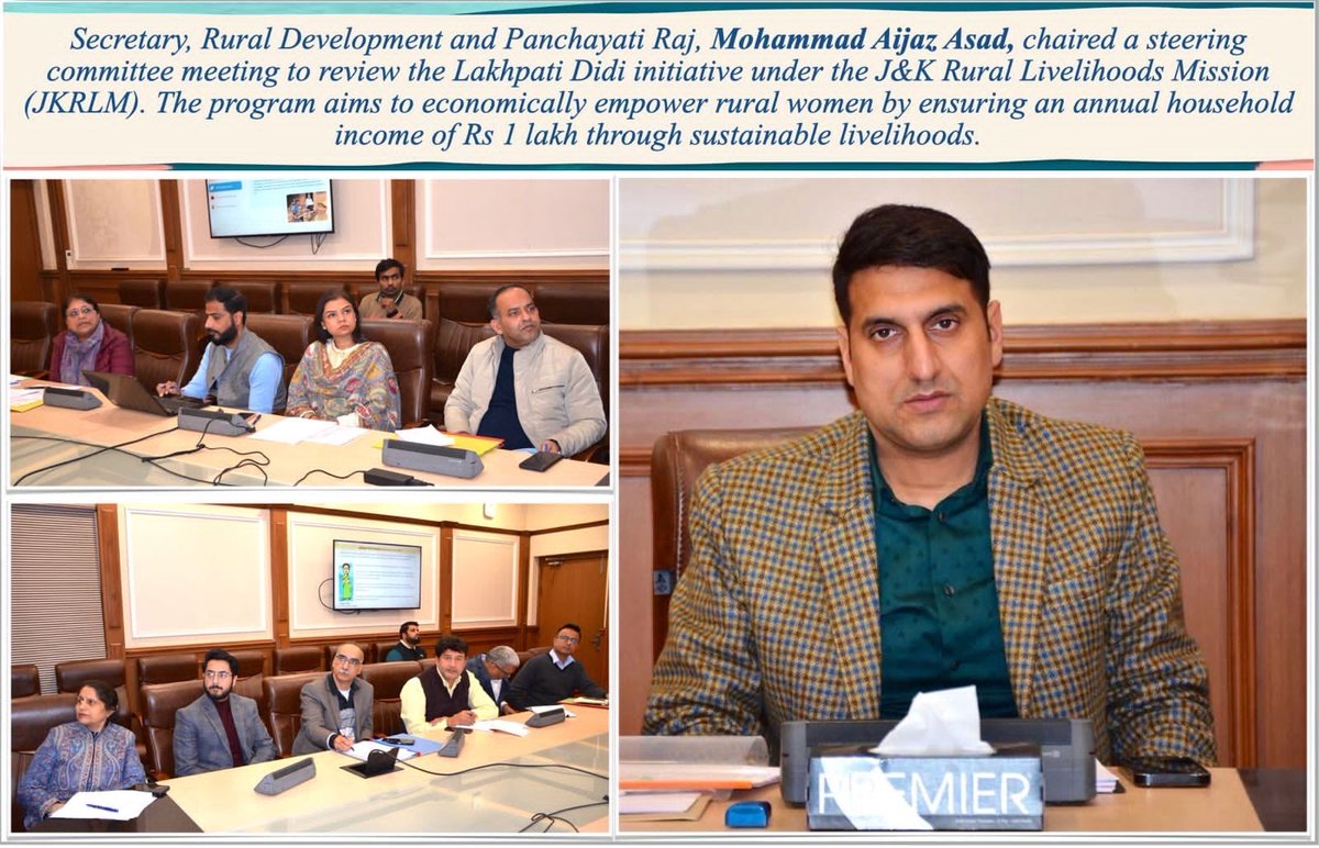 jkrddpr's tweet photo. Secretary @RDPRJK, Mohammad Aijaz Asad, emphasizes the need for a comprehensive Vision Document for the #LakhpatiDidi initiative under #JKRLM. Over 11,936 #SHGmembers have already transitioned into‘Lakhpati Didis,’ empowering rural women with sustainable livelihoods. @AsadamAijaz https://t.co/7wjs4kzJaU