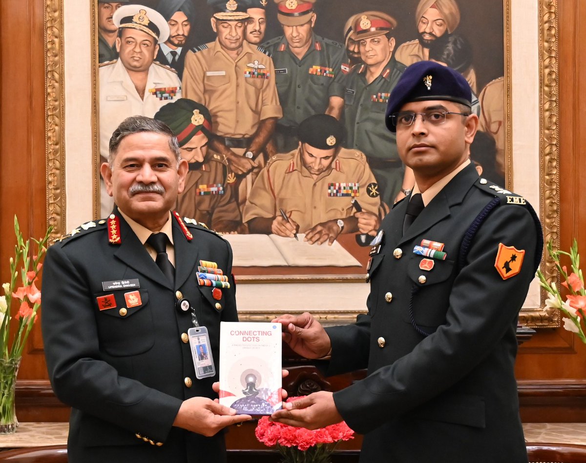 adgpi's tweet photo. Book Presentation to #COAS

Six authors presented their books to #GeneralUpendraDwivedi, #COAS. The books covered a wide range of topics ranging from Geo-Politics to Wildlife and India’s Legacy, to Rich Military History.   

Lieutenant Colonel JS Sodhi‘s (Retd) book, ‘China's War Clouds: The Great Chinese Checkmate’, explores China’s geography, history, politics and leadership, offering insights into current global challenges and strategies to counter China's influence while advocating for a rules-based international order.

‘Connecting Dots - A Macro Perspective on India's Unique Legacy,’ written by Lieutenant Colonel Sharat Nambiar is grounded in the "Spirit of Inquiry with a Scientific Temper" and provides a macro view of India's legacy.

'Storm Troopers at Outpost Bhatti,' recounts the experiences of Lieutenant Colonel Sada Peter (Retd), during the #KargilWar, focusing on the bravery and camaraderie of an #Artillery team at the Bhatti outpost under enemy observation.

Mr Haroon Imtiaz, a 20-year-old from Poonch, J&K presented his book 'The Forgotten Face of the Guardians of the Valley: Rashtriya Rifles, Indian Army' which highlights the humane efforts of the Rashtriya Rifles in Jammu and Kashmir, focusing on peace initiatives like "Operation Sadbhavna" and honouring the soldiers' sacrifices. 1/2

#IndianArmy 
#YearOfTechAbsorption 
@DefenceMinIndia
@SpokespersonMoD
@HQ_IDS_India