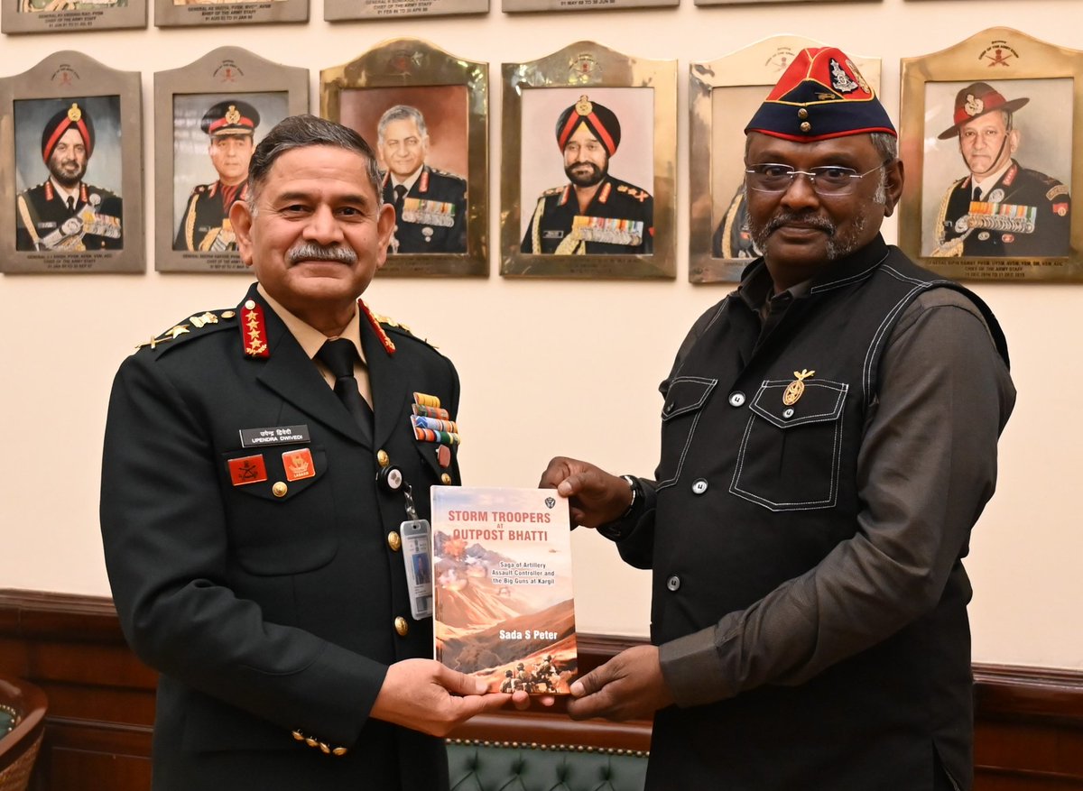 adgpi's tweet photo. Book Presentation to #COAS

Six authors presented their books to #GeneralUpendraDwivedi, #COAS. The books covered a wide range of topics ranging from Geo-Politics to Wildlife and India’s Legacy, to Rich Military History.   

Lieutenant Colonel JS Sodhi‘s (Retd) book, ‘China's War Clouds: The Great Chinese Checkmate’, explores China’s geography, history, politics and leadership, offering insights into current global challenges and strategies to counter China's influence while advocating for a rules-based international order.

‘Connecting Dots - A Macro Perspective on India's Unique Legacy,’ written by Lieutenant Colonel Sharat Nambiar is grounded in the "Spirit of Inquiry with a Scientific Temper" and provides a macro view of India's legacy.

'Storm Troopers at Outpost Bhatti,' recounts the experiences of Lieutenant Colonel Sada Peter (Retd), during the #KargilWar, focusing on the bravery and camaraderie of an #Artillery team at the Bhatti outpost under enemy observation.

Mr Haroon Imtiaz, a 20-year-old from Poonch, J&K presented his book 'The Forgotten Face of the Guardians of the Valley: Rashtriya Rifles, Indian Army' which highlights the humane efforts of the Rashtriya Rifles in Jammu and Kashmir, focusing on peace initiatives like "Operation Sadbhavna" and honouring the soldiers' sacrifices. 1/2

#IndianArmy 
#YearOfTechAbsorption 
@DefenceMinIndia
@SpokespersonMoD
@HQ_IDS_India