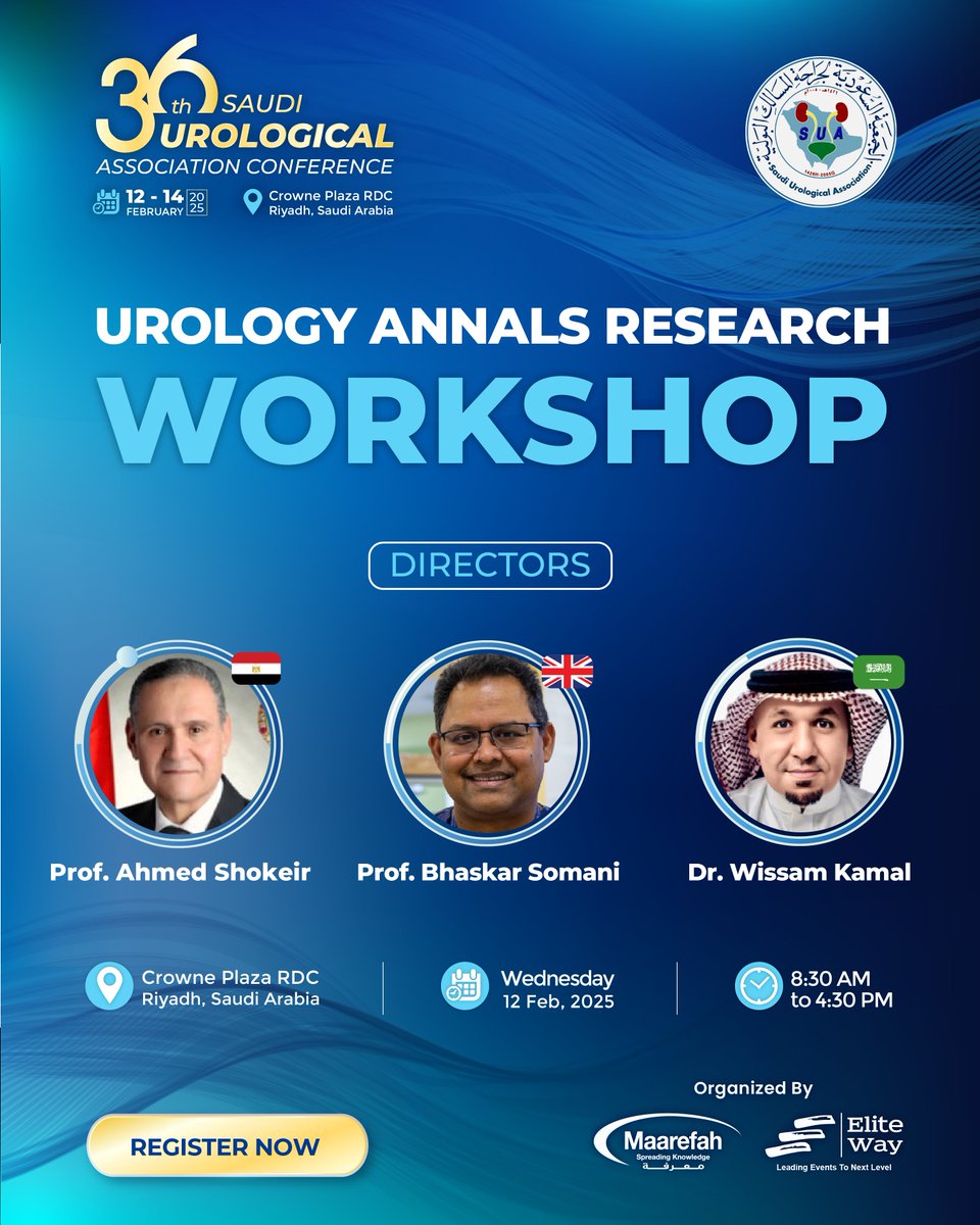 Elite MedPulse (@elitemedpulse) on Twitter photo Join the Urology Annals Research Workshop, led by Prof. Ahmed Shokeir <a href="/ShokeirAhmed/">ahmed.shokeir</a> , Prof. Bhaskar Somani <a href="/endouro/">Prof Bhaskar Somani</a> , and Dr. Wissam Kamal <a href="/wissamabokhalid/">Dr. Wissam Kamal</a> .
๐ Crowne Plaza RDC, Riyadh
๐
Feb 12, 2025 | ๐ 8:30 AM - 4:30 PM
๐ Register Now: suac-sa.com/registration/ Join the Urology Annals Research Workshop, led by Prof. Ahmed Shokeir <a href="/ShokeirAhmed/">ahmed.shokeir</a> , Prof. Bhaskar Somani <a href="/endouro/">Prof Bhaskar Somani</a> , and Dr. Wissam Kamal <a href="/wissamabokhalid/">Dr. Wissam Kamal</a> .
๐ Crowne Plaza RDC, Riyadh
๐
Feb 12, 2025 | ๐ 8:30 AM - 4:30 PM
๐ Register Now: suac-sa.com/registration/