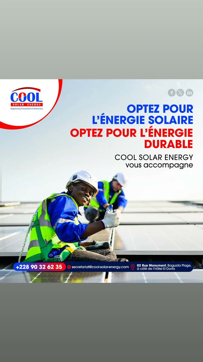 Choisissez l'énergie solaire, une énergie durable pour tous ! 🌞
Cool Solar Energy vous accompagne à chaque étape.

📍 02 Rue Monument, Baguida Plage, à côté de l’Hôtel El Doria
📧 secretariat@cool-solar-energy.com
📞 +228 90 32 62 35

#EnergieSolaire #EnergieDurable
