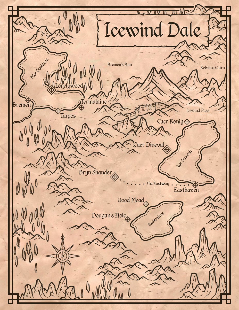 MapEffects's tweet photo. I decided to experiment with the Kragspire Mountain brushes I’ve been working on by quickly recreating the Icewind Dale map.

I started reading the R.A. Salvatore book, The Crystal Shard again on a bit of a whim, so I thought why not do the map? https://t.co/dUvT7CJw24