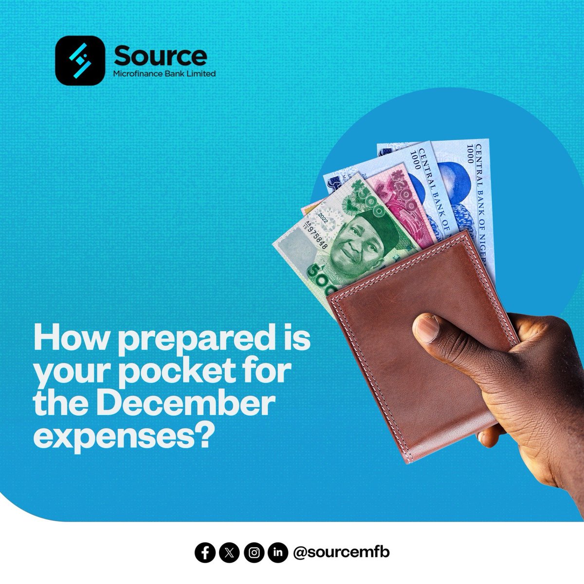 SourceMFB's tweet photo. We're 9 days into December, how prepared are you for the holiday expenses. 

Rate your pocket on a scale of 1-10. 

#DettyDecember #SourceMicrofinanceBank #SourceMFB #DigitalBankin https://t.co/O5qjp7xeYK