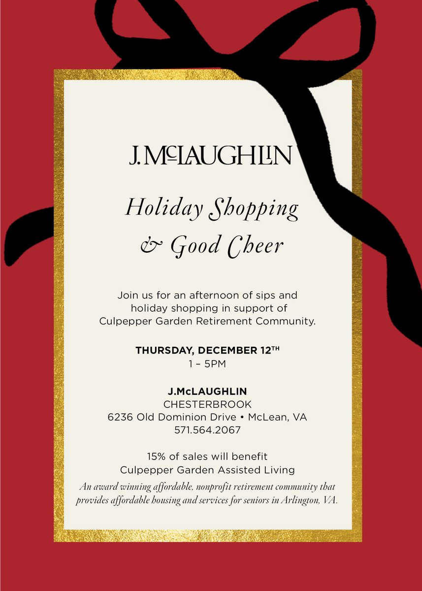 CulpepperGarArl's tweet photo. Our Holiday Sip and Shop fundraiser at J.McLaughlin store in McLean is this Thursday. Will you join us as we raise funds in support of our mission to provide affordable housing and services for low income seniors? https://t.co/7cDg63Q6Kn