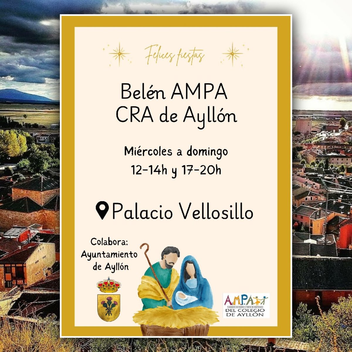 🌟 Visita el Belén del AMPA 🌟

Recordamos que el Belén elaborado por los alumnos del CRA de Ayllón vuelve a ocupar un lugar de privilegio en el Palacio del Obispo Vellosillo, estando disponible para su visita de miércoles a domingo de 12h a 14h y de 17h a 20h.

#Ayllon #Navidad