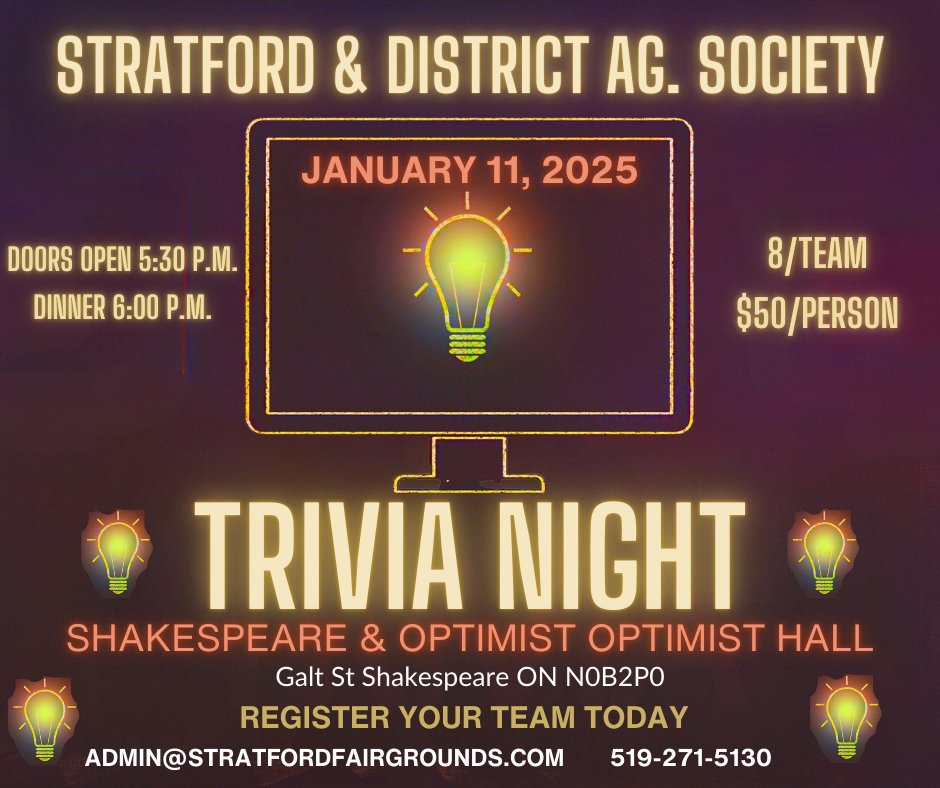 StratfordFair's tweet photo. Don't delay, book your table today!  Follow https://t.co/hGrQRtyDsu to get details and registration forms!  #trivianightanddinner https://t.co/gQpqzV2ZQA