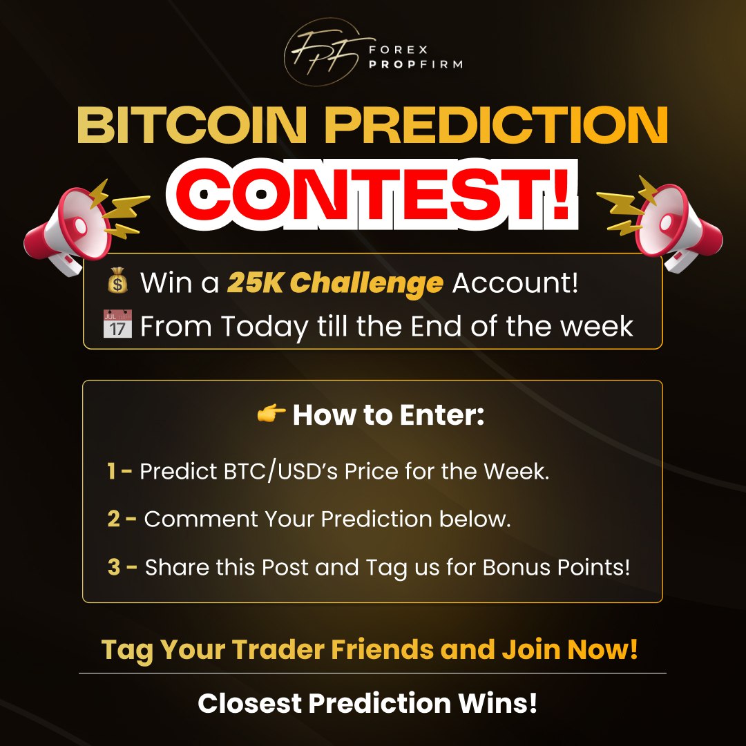 🚀 Win a 25K Challenge Account! 🚀

🎯 Predict BTC/USD’s price for the week. Closest guess wins!

📅 Ends This Week
💰 How to Enter:
1️⃣ Comment your prediction.
2️⃣ Share &amp; tag us for bonus points.
3️⃣ Tag your friends below!

🔥 Don’t miss out—follow and join now! 🔥
#cryptotrade