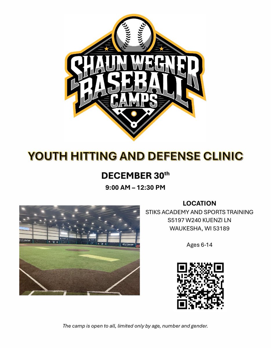 ShaunWegnerLLC's tweet image. 3️⃣ weeks away from our Youth Hitting and Defense Clinic

Use the QR code below or sign up at 

baseball.sportscampsatuwm.com