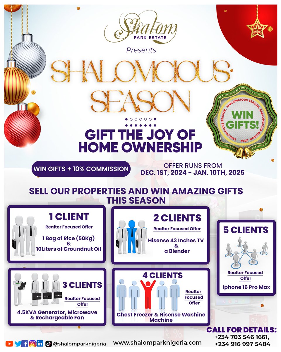 shalomparkng's tweet photo. Calling All Realtors: Your Shalomcious Season Awaits! 🚨

✨ Earn 10% commission on every client you bring PLUS amazing festive rewards! https://t.co/cF68sWPNdL