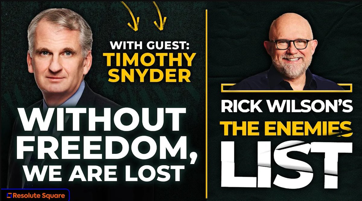 LincolnSquareHQ's tweet photo. TODAY! Do not miss the 1pm ET episode premiere of @TheRickWilson's #TheEnemiesList! Rick talks to one of the most important voices in America today, @TimothyDSnyder. Together, they explore the deeper meaning of freedom, its vulnerabilities in modern America, and how to preserve it against rising authoritarian tendencies.
https://t.co/qOn0nIsNh4