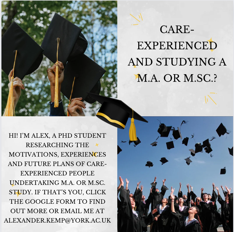 Are you care experienced and studying a postgraduate taught degree?  Please consider participating in my PhD research.  You can express an interest by filling in the Google Form here: forms.gle/eHGXTjLbVCk2AQ…