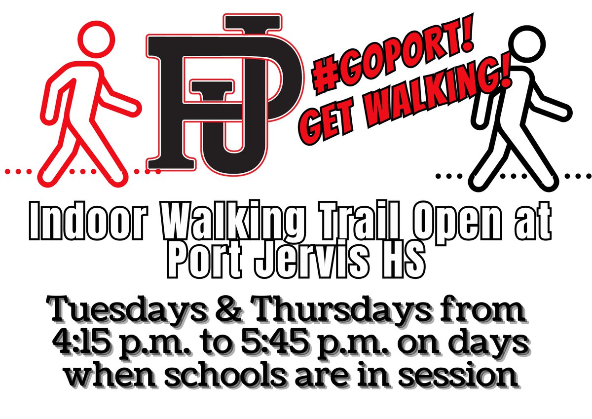pjschools's tweet image. The Indoor Walking Trail is OPEN at Port Jervis HS! Get those steps in!
Tuesdays &amp;amp; Thursdays from 4:15 p.m. to 5:45 p.m. on days when school is in session.  #GoPORT!
More info here:  bit.ly/PJIndoorWalkin…