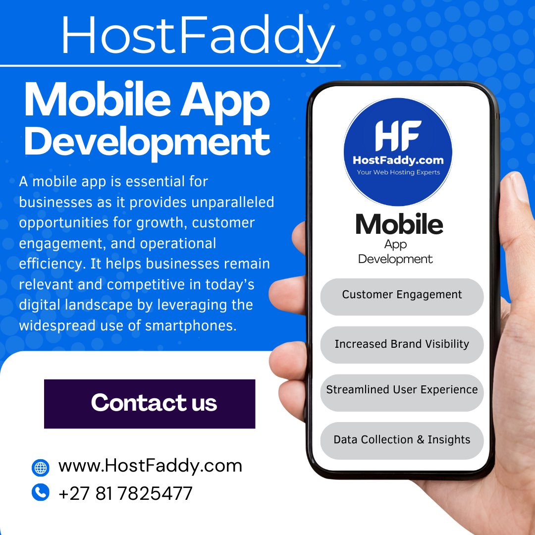 HostFaddy's tweet photo. Your business, always at their fingertips! 🚀📱 Boost sales, build loyalty, and stand out with a custom mobile app. Ready to take the leap? Let’s make it happen! 💼✨
Tel: 081 782 5477
Email: support@hostfaddy.com
Website: https://t.co/lulPTc9keW 
#hostfaddy #mobile #mobileapp https://t.co/zjm9z17Zd8