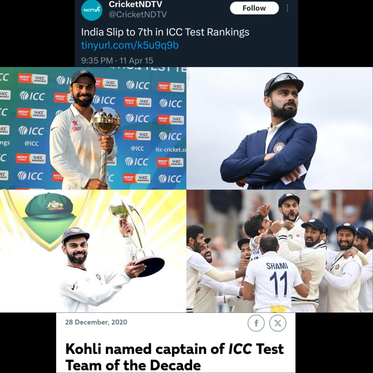 Shebas_10dulkar's tweet photo. #OnThisDay in 2014

𝗩𝗶𝗿𝗮𝘁 𝗞𝗼𝗵𝗹𝗶 made His Test Captaincy Debut!

68 Tests || 5864 runs || 254* HS
54.80 Avg || 7 200s || 20 100s || 18 50s
7 M.O.M Awards || 3 M.O.S Awards 

40 Wins (Next best 27 by Asian Captains)
11 Overseas Wins (Next Best 6 by Asian Caps)
7 SENA Wins (Next Best 4 by Asian Caps)
Lost Only 2 matches Out of 31 Home Tests

- 2017 ICC Test Team Captain 
- 2018 ICC Test Team Captain 
- 2019 ICC Test Team Captain 

(2011/2020) ICC Test Decade Team Captain  ✅