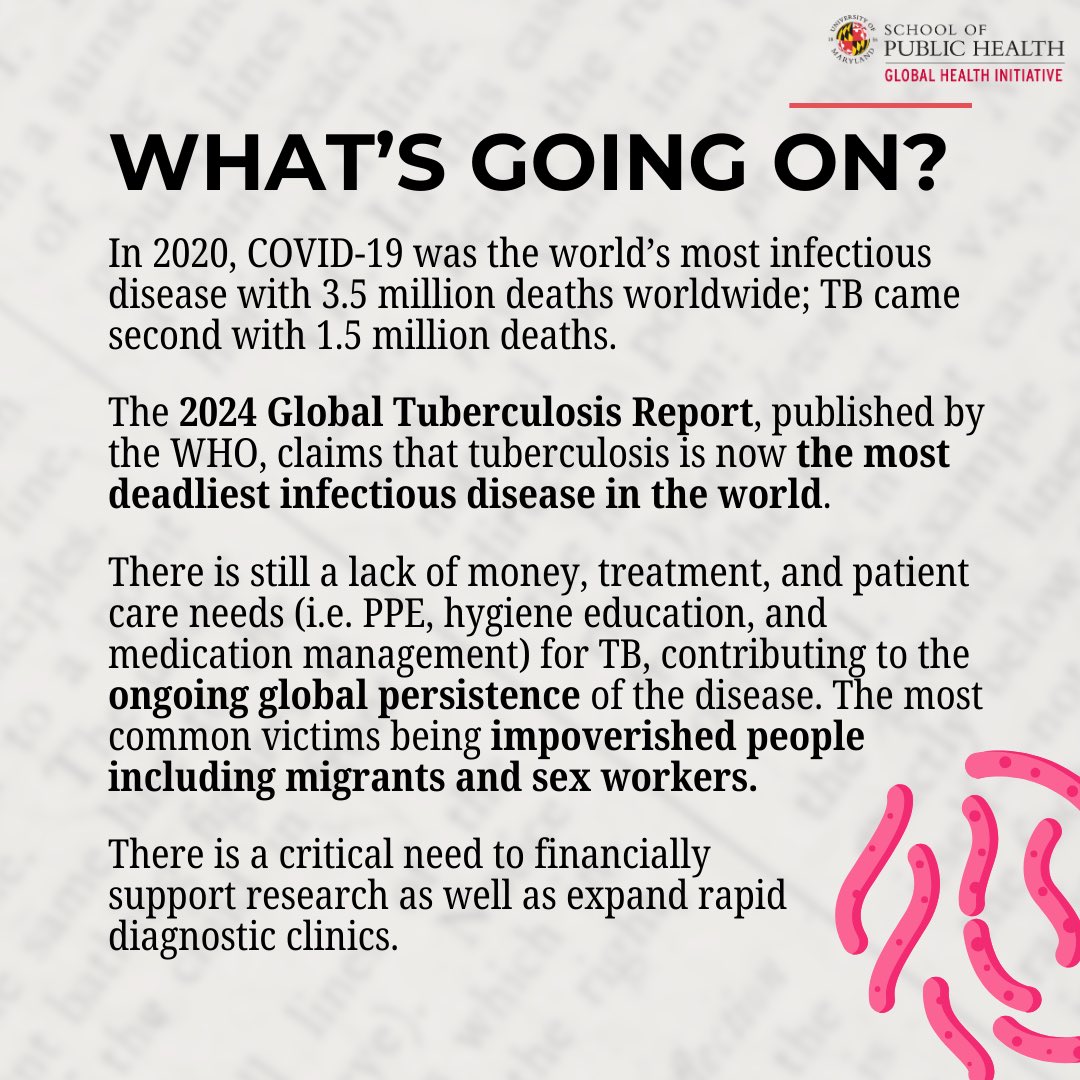 UMDGHI's tweet photo. In today's global health news, we will be discussing tuberculosis. Swipe to learn about it's global prevalence, what is needed, and more 👉🏼 https://t.co/wUF6mc8hOl