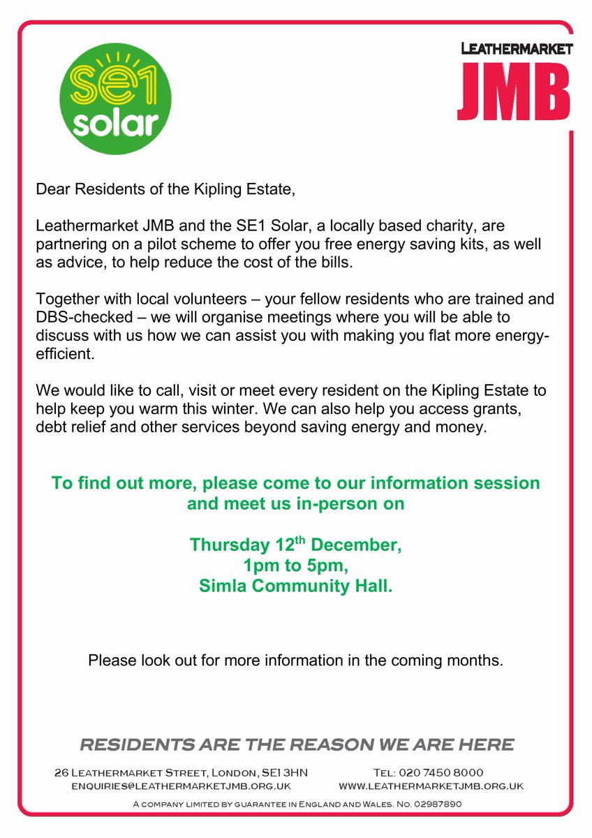 Leathermarket JMB and <a href="/SE1_Solar/">SE1 Solar</a> are partnering on a pilot scheme aiming to reduce the cost of energy bills among the residents on the Kipling Estate. See the flyer attached for details, or come down to our Information Session this Thursday at Simla Common Room to find out more.