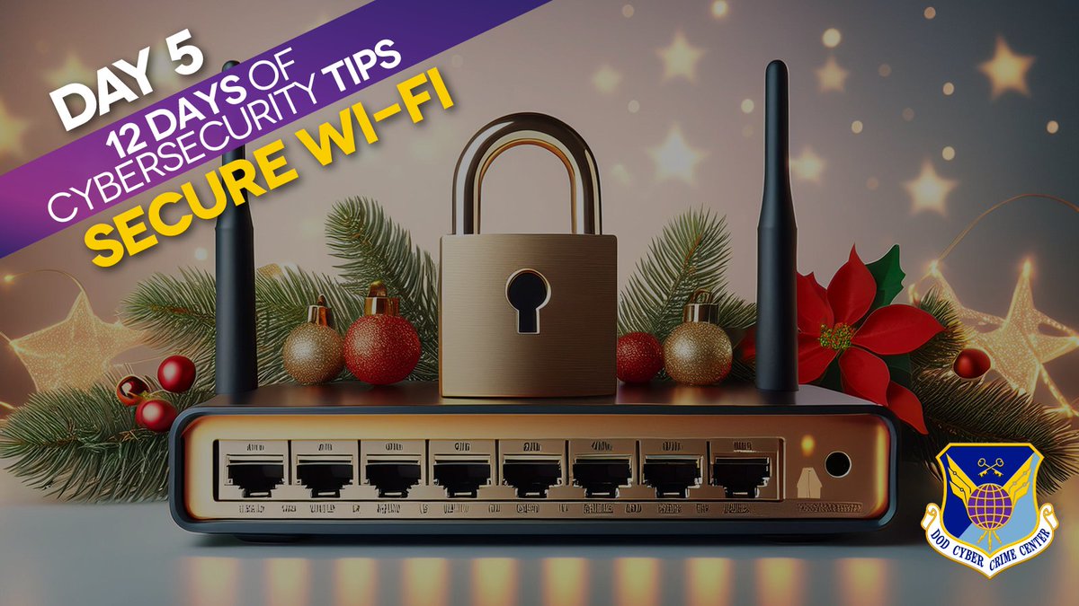 DC3Forensics's tweet photo. On the fifth day of #CyberSecurity, secure your Wi-Fi network! Use a strong password and encryption. #12DaysOfCyberSecurity 

Learn more about securing your Wi-Fi: https://t.co/prYOYtpwvJ. https://t.co/TRGDs3qg7W