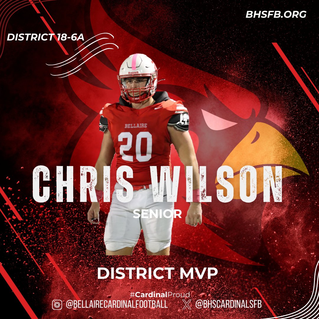 Bellaire Cardinals Football (@bhscardinalsfb) on Twitter photo Congratulations to <a href="/chriswilson124/">chris wilson</a> who was named District 18-6A MVP! <a href="/BellaireHigh/">Bellaire High School</a> <a href="/HISDAthletics/">Houston ISD Athletics & UIL Academics</a> #txhsfb <a href="/TXHSFB/">txhsfb(Tony Blalock)</a> <a href="/dctf/">Dave Campbell's — TexasFootball.com</a> #CardinalProud Congratulations to <a href="/chriswilson124/">chris wilson</a> who was named District 18-6A MVP! <a href="/BellaireHigh/">Bellaire High School</a> <a href="/HISDAthletics/">Houston ISD Athletics & UIL Academics</a> #txhsfb <a href="/TXHSFB/">txhsfb(Tony Blalock)</a> <a href="/dctf/">Dave Campbell's — TexasFootball.com</a> #CardinalProud