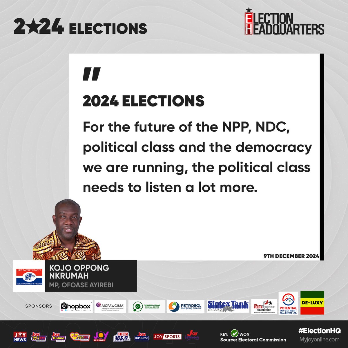 Joy 99.7 FM (@joy997fm) on Twitter photo "The political class needs to listen a lot more"
- <a href="/konkrumah/">Kojo Oppong Nkrumah</a> reflects on NPP defeat and more. #ElectionHQ "The political class needs to listen a lot more"
- <a href="/konkrumah/">Kojo Oppong Nkrumah</a> reflects on NPP defeat and more. #ElectionHQ