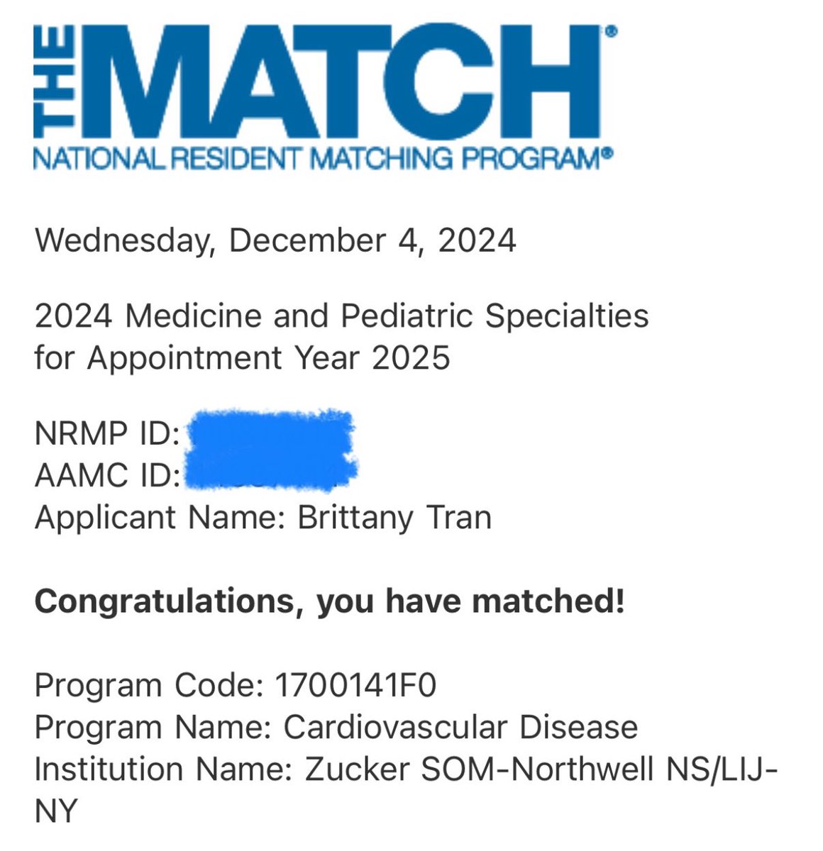 Brittany Tran, MD (@brittanytranmd) on Twitter photo After taking a few days to celebrate, I’m honored to announce that I matched into cardiology fellowship <a href="/NorthwellHealth/">Northwell Health</a>!
Thank you to the family, friends, and mentors who supported me and made this dream come true 🥳🫀🎊
#ACCFIT #WIC #CardiologyFellowship After taking a few days to celebrate, I’m honored to announce that I matched into cardiology fellowship <a href="/NorthwellHealth/">Northwell Health</a>!
Thank you to the family, friends, and mentors who supported me and made this dream come true 🥳🫀🎊
#ACCFIT #WIC #CardiologyFellowship