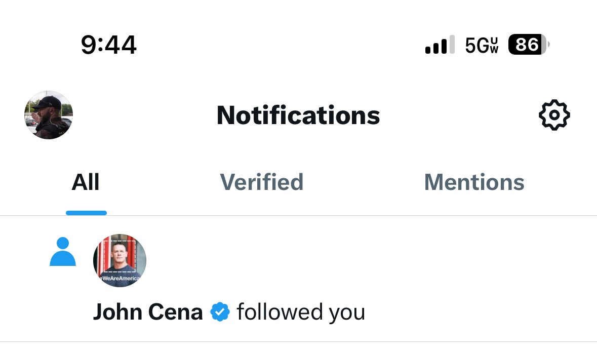 JCothron2's tweet photo. This may not mean much to some but it’s unbelievable to me! The @JohnCena followed me this morning. I admire this talented individual for all he does for @MakeAWish and his outreach for veterans! Thanks to a real one! https://t.co/JMlRrWxbSF