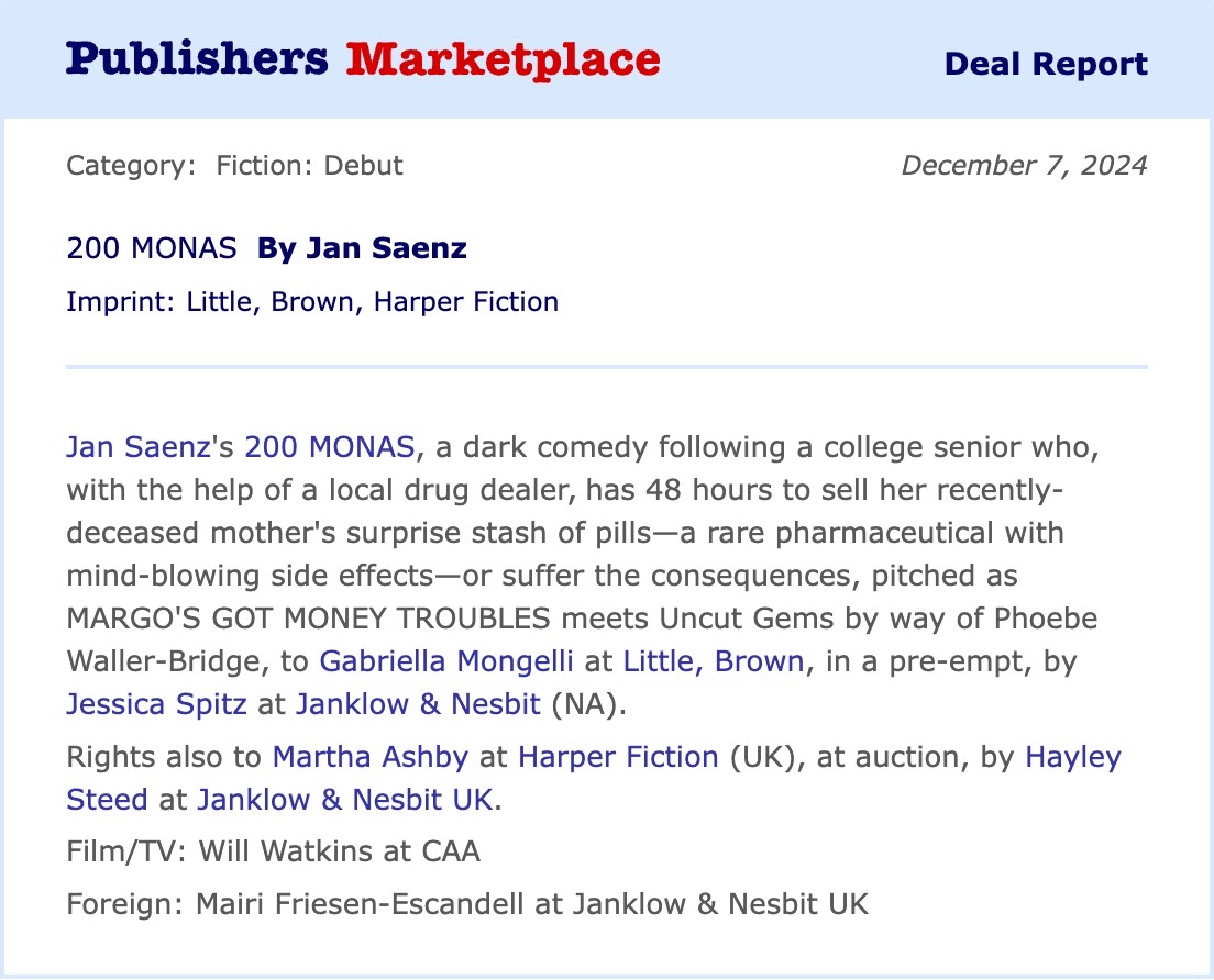 jan saenz (@jan_saenz) on Twitter photo It’s official. Deal of the Day on Publishers Marketplace. Shoutout to <a href="/littlebrown/">Little, Brown and Co</a>, <a href="/gabymongelli/">Gaby Mongelli</a>, and <a href="/jjspitz/">Jessica Spitz</a> for opening the door for this book. It’s official. Deal of the Day on Publishers Marketplace. Shoutout to <a href="/littlebrown/">Little, Brown and Co</a>, <a href="/gabymongelli/">Gaby Mongelli</a>, and <a href="/jjspitz/">Jessica Spitz</a> for opening the door for this book.