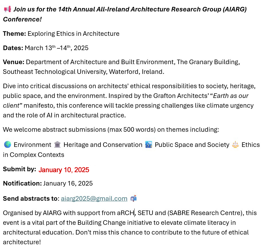 AIARG 2025 (@aiarg2025) on Twitter photo 🌍 14th Annual AIARG Conference!
📅 March 13–14, 2025
📝 Abstracts (500 words) DEADLINE EXTENDED!!!!!
Submit by January 10th 2025.
📨 Submit: aiarg2025@gmail.com 🌍 14th Annual AIARG Conference!
📅 March 13–14, 2025
📝 Abstracts (500 words) DEADLINE EXTENDED!!!!!
Submit by January 10th 2025.
📨 Submit: aiarg2025@gmail.com