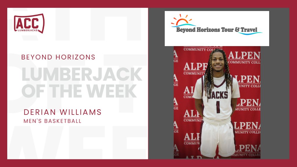 Freshman Derian Williams (New Haven) is this week's Beyond Horizons Tour and Travel Lumberjack of the Week. Derian scored 35 points in ACC's tough 86-70 road loss at Gogebic CC. Beyond Horizons is the exclusive travel provider for ACC athletics.