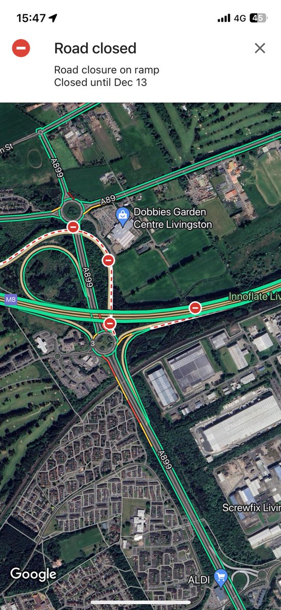 clarabelle1981's tweet photo. @trafficscotland @BEAR_Scotland hi- can anyone advise if the off slip westbound at jcn3 on the m8 is closed? Google maps is saying closed and diverting? Thank you https://t.co/lohrE92yXX