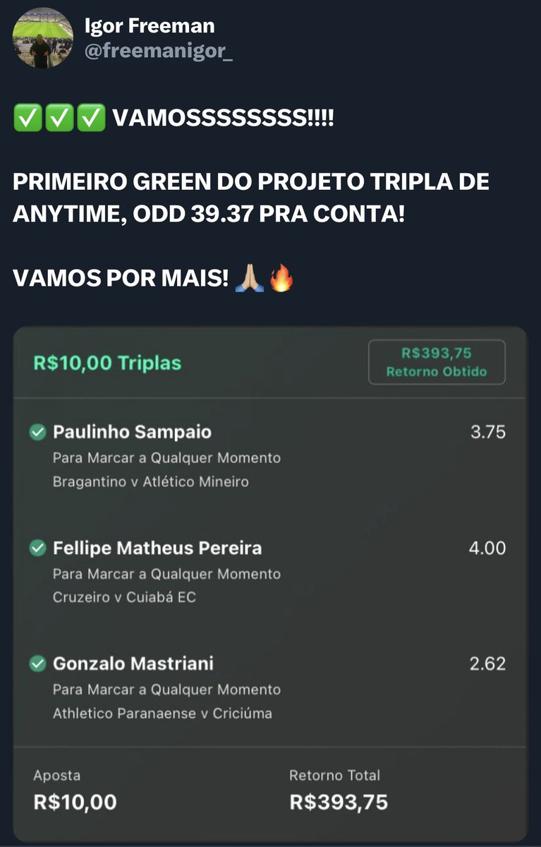 freemanigor_'s tweet photo. Resumo final - Projeto Tripla de Anytime Brasileirão 2024

Dois greens foram o suficiente para deixar o projeto com um resultado sensacional, 61,99% de lucro! ✅

Em 5 rodadas ficamos por apenas 1 jogador (contando a rodada do Vizeu saindo no 1º tempo e a bet dando red e devolvendo com créditos).

Grande resultado..  Brasileirão 2025 estaremos de volta!

⬇️ Resumo detalhado das rodadas:

1ª rodada: -2,63% (três reds)

2ª rodada: -2,63% (três reds)

3ª rodada: -2,63% (três reds)

4ª rodada: -2,63% (um green, um red e um void)

5ª rodada: -2,63% (três reds)

6ª rodada: -2,63% (um green e dois reds)

7º rodada: -2,63% (três reds)

8º rodada: +100,91% (três green's) ✅

9º rodada: -2,63% (um green e dois reds)

10º rodada: -2,63% (um green, um red e um void)

11º rodada: -2,63% (três reds)

12º rodada: -2,63% (um green, um red e um void)

13º rodada: -2,63% (um green, um red e um void)

14º rodada: -2,63% (dois green’s e um red)

15º rodada: +61,02 (três green's) ✅

16º rodada: -2,63% (dois green’s e um red)

17º rodada: -2,63% (um green e dois reds)

18º rodada: -2,63% (um green e dois reds)

19º rodada: -2,63% (três reds)

20º rodada: -2,63% (um green, um red e um void)

21º rodada: -2,63% (um green, um red e um void)

22º rodada: -2,63% (dois green’s e um red)

23º rodada: -2,63% (um red e dois void’s)

24º rodada: -2,63% (um red e dois void’s)

25º rodada: -2,63% (um green e dois reds)

26º rodada: -2,63% (um green, um red e um void)

27º rodada: -2.63% (um green e dois reds)

28º rodada: -2,63% (um red e dois void’s)

29º rodada: -2,63% (três reds)

30° rodada: -2,63% (três reds)

31º rodada: -2,63% (um green e dois reds)

32º rodada: -2,63% (um green e dois reds)

33º rodada: -2,63% (um green e dois reds)

34º rodada: -2,63% (dois green’s e um red)

35º rodada: -2,63% (dois green’s e um red)

36º rodada: -2,63% (um green e dois reds)

37º rodada: -2,63% (um green e dois reds)

38º rodada: -2,63% (um green e dois reds)

📊 Total: +61,99% ✅
