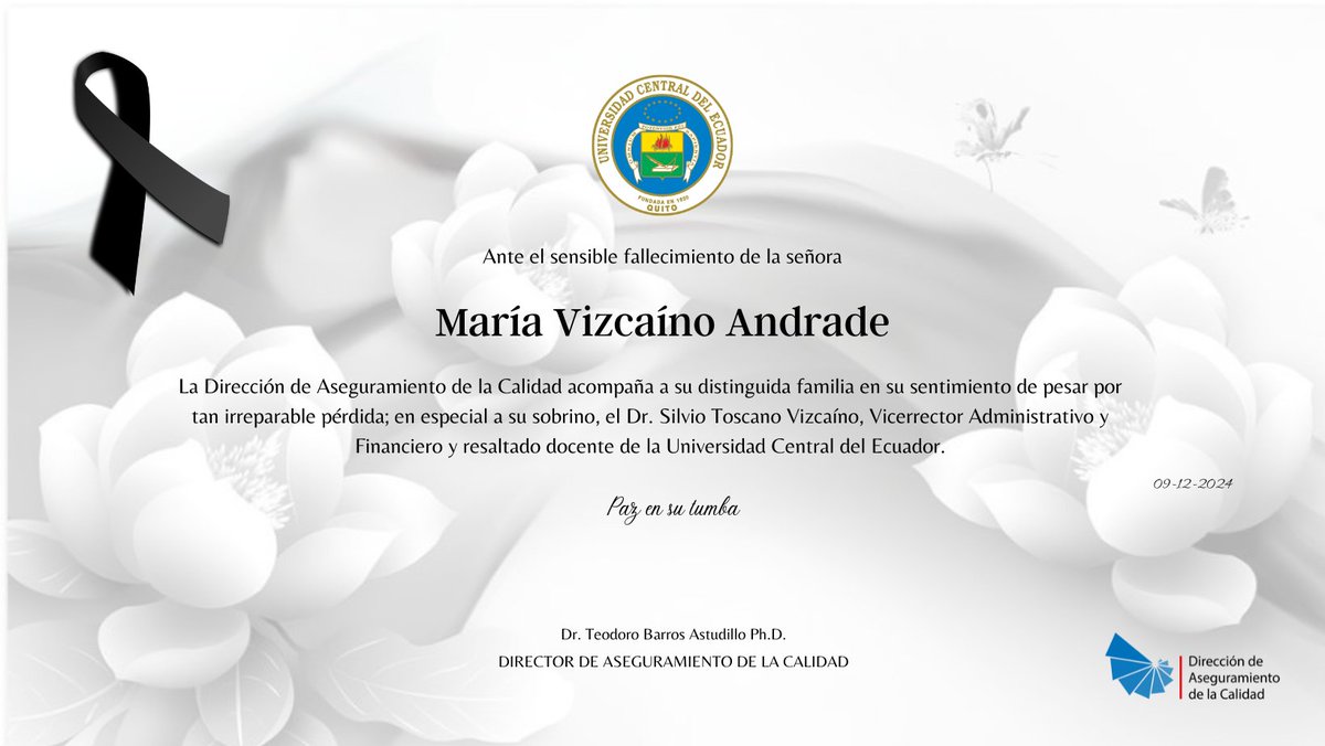 #CONDOLENCIA
La Dirección de Aseguramiento de la Calidad ante este sensible fallecimiento expresa su sentido pésame y solidaridad a su familia.