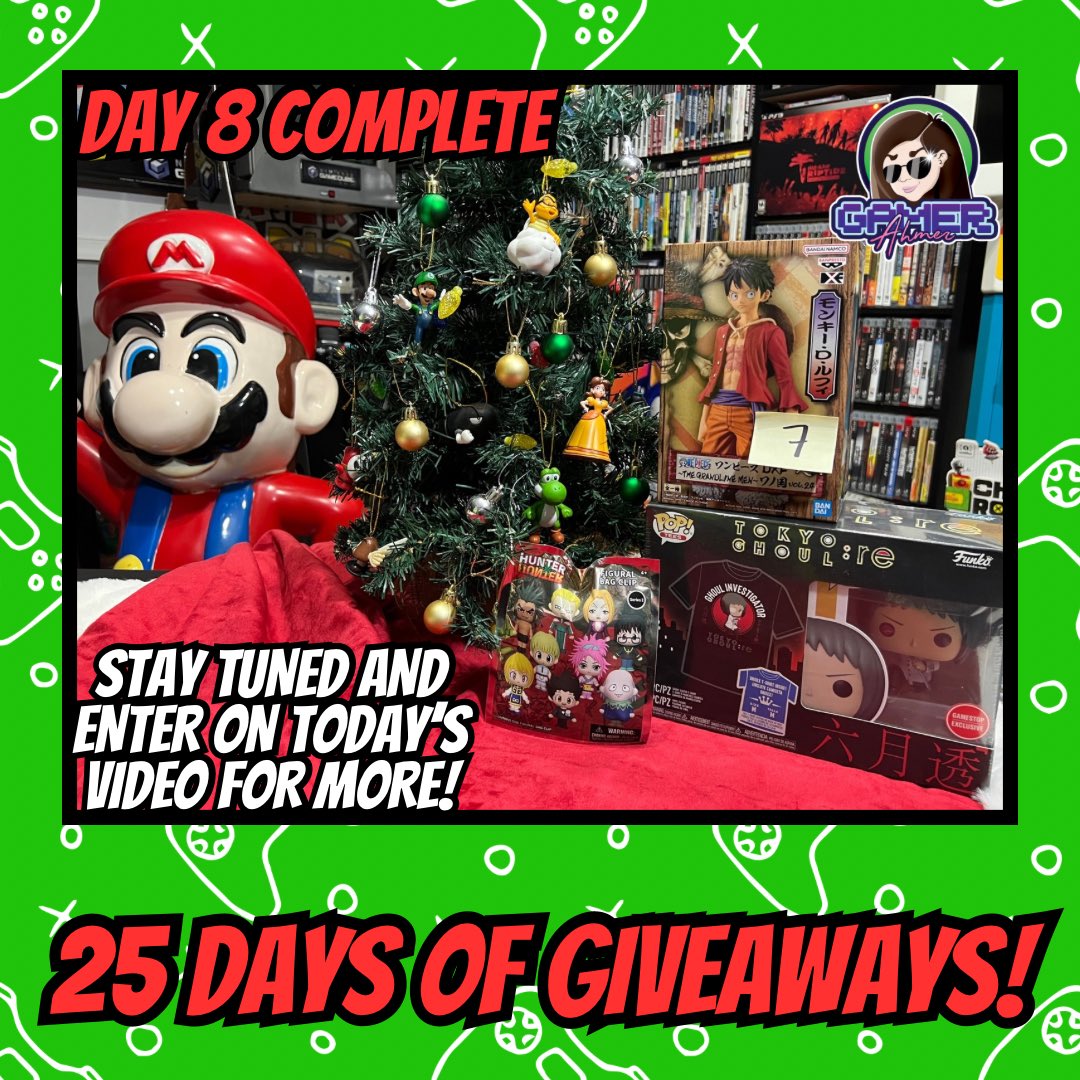 GamerAhmer's tweet photo. Day 8 has completed! Stay tuned for today’s short and be sure to comment for a chance to win! #videogames #games #gamerahmer #christmas #25daysofchristmas #25daysofgiveaways #giveaway #anime #onepiece #funko #funkopop #retrogaming #nintendo #happyholidays https://t.co/oc0IdD5Nhd