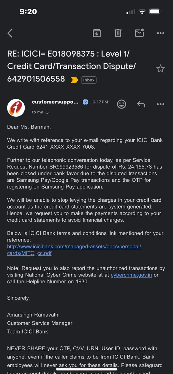 BarMan2901's tweet photo. I repeatedly ask for a solution and @ICICIBank every email is a panic mail like I am a defaulter 👏👏 take a bow @ICICIBank_Care for caring for the money. After this I am officially terminating banking with @ICICIBank https://t.co/OELxR1BqAq
