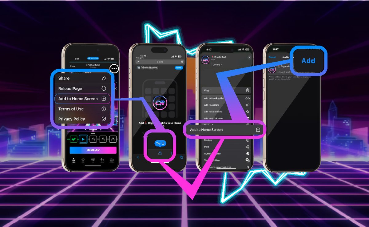CryptoRush_Fun's tweet image. Make Crypto Rush One Tap Away! 👾

Hey, NEON Fr-rens! Is Crypto Rush already on your home screen? If not, let’s change that in just a few seconds

1️⃣ Tap the three dots in the top-right corner of your browser.
2️⃣ Select “Add to Home Screen.”
3️⃣ Hit “Add” at the bottom, and you're…