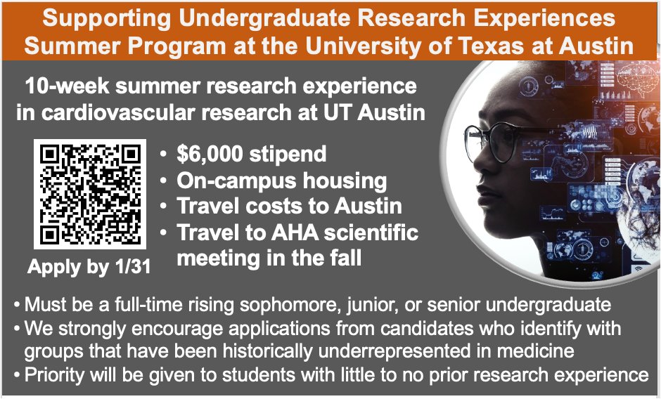 Join us <a href="/UTAustin/">UT Austin</a> for a 10-week undergraduate summer cardiovascular research. Priority will be given to individuals with disabilities or individuals from disadvantaged backgrounds and students with little to no prior research experience. Apply by 1/31 forms.gle/fNaRjnMyQWBkH1…