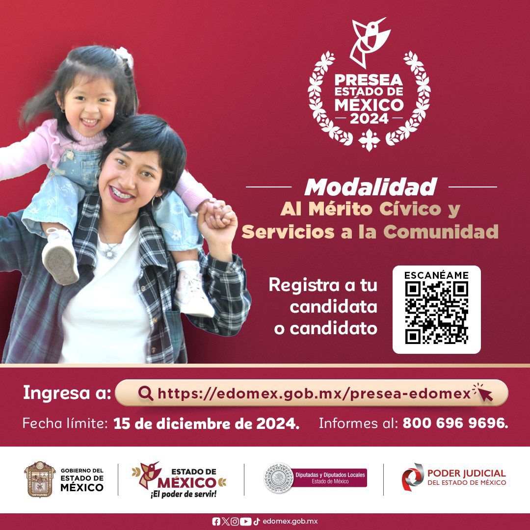 #PreseaEdoMéx2024 | ¡Reconozcamos a quienes inspiran el cambio en nuestra entidad! Registra a hombres y mujeres destacados en una de las 15 categorías.
La fecha se amplía hasta el 15 de diciembre. Más información en: edomex.gob.mx/presea-edomex.