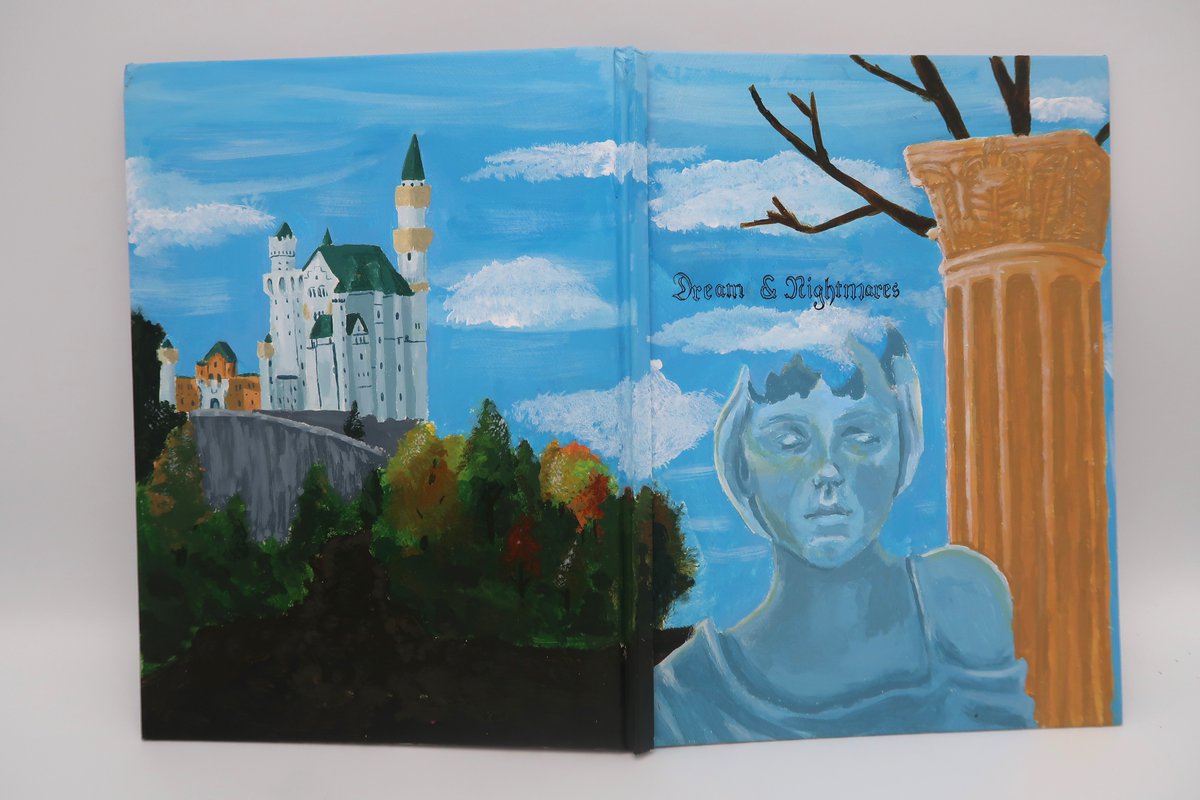 An incredible sketchbook cover design centered around the concept of "Dreams &amp; Nightmares" created by an 8th grade gifted artist <a href="/VBMiddle/">VBMiddle</a>! Super impressed with her use of space, value, and conceptual understanding.