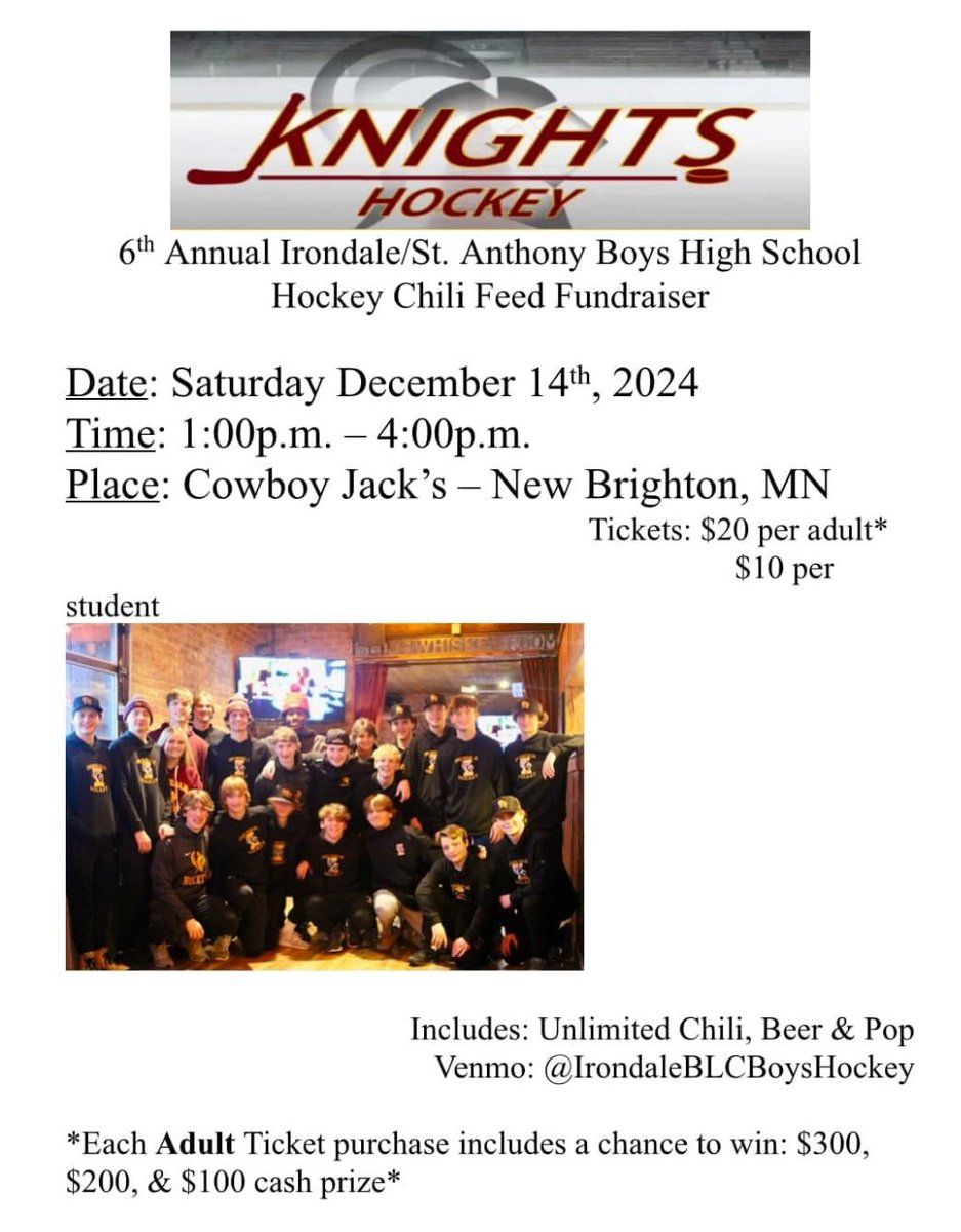 Irondale_Hockey's tweet photo. Calling all former, current, and future Knights families and friends or anyone looking for a fun afternoon. #letsgoknights #onceaknightalwaysaknight #supporttheknights https://t.co/EtiAzawW6X